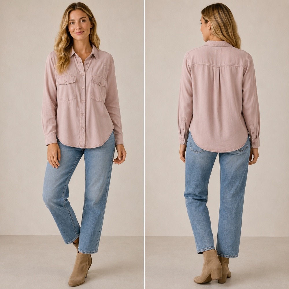 Risen Womens M Tencel Button Up Soft Pink Pocket Shirt Boho Casual Shacket Soft - Picture 16 of 16